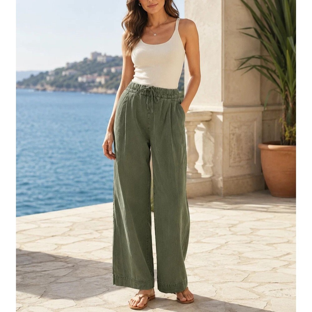 Free People Women's Wide-Leg Drawstring Trouser Pants Adjustable Olive L 288734